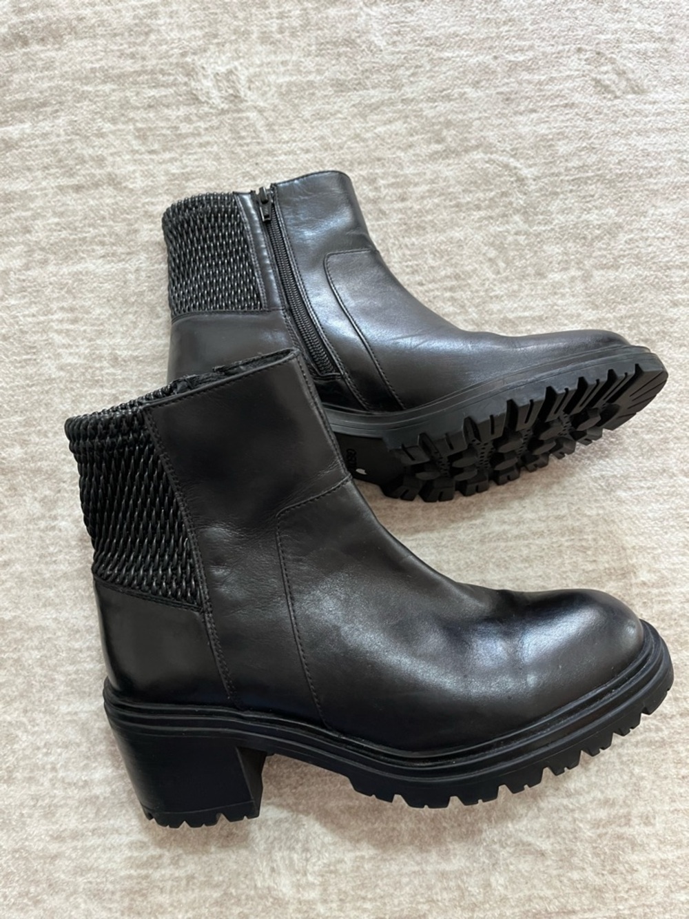Geox Black Leather Ankle Booties with Knit Shaft